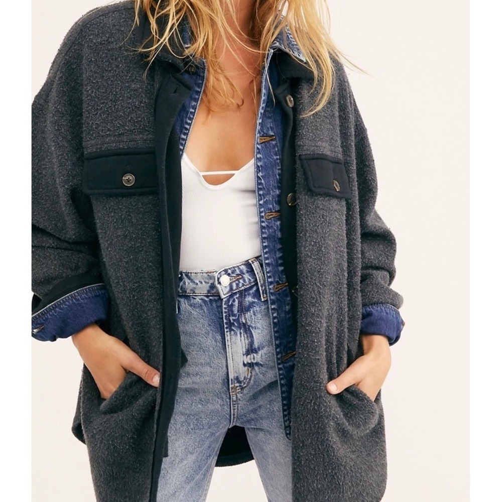 Free People Ruby Jacket Oversized Fleece Shacket XS dark navy